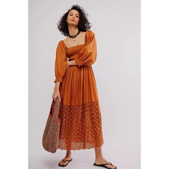 COPY - New Sz Xs Free People Perfect Storm orange Eyelet Cut Smocked Midi Dress… - Picture 3 of 5